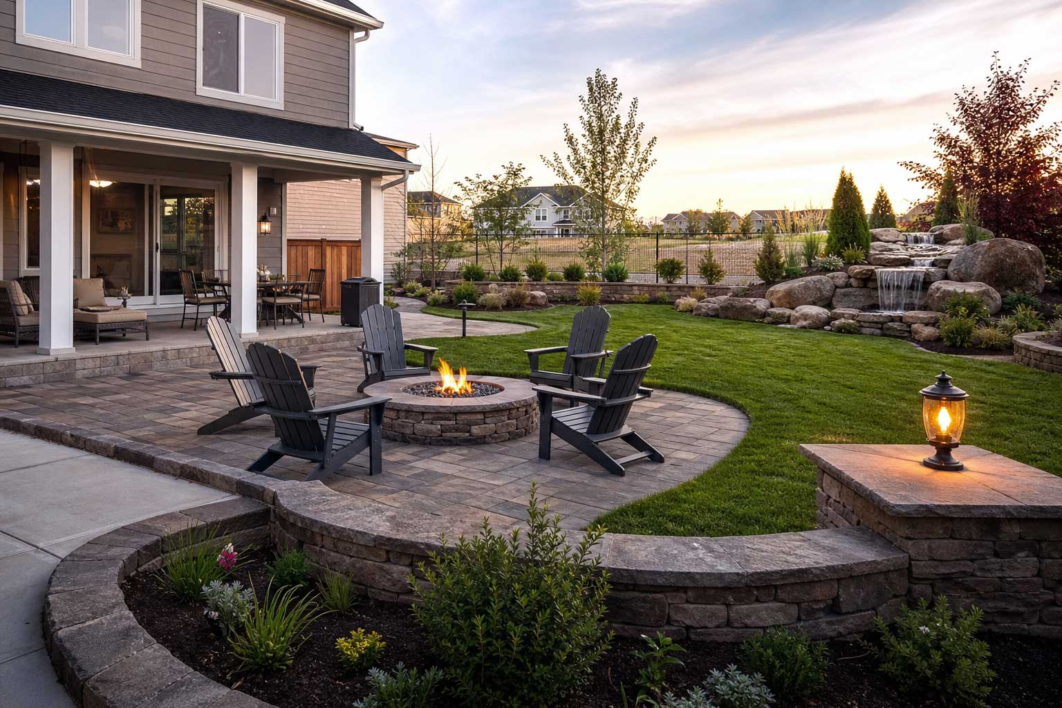 Landscaped backyard with patio and outdoor living space