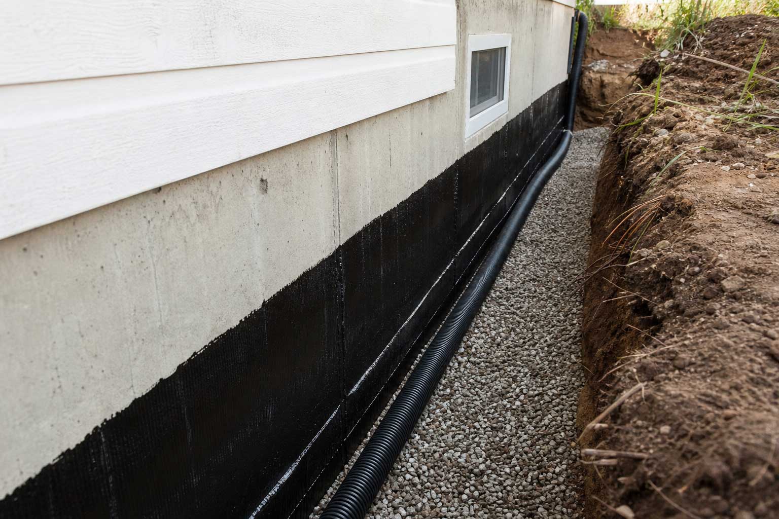 Foundation waterproofing work at a home exterior